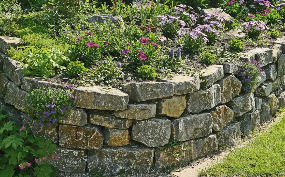 Eine stabile Trockenmauer mit bunten Blumen und grünen Pflanzen, die sich harmonisch in den Garten einfügt.