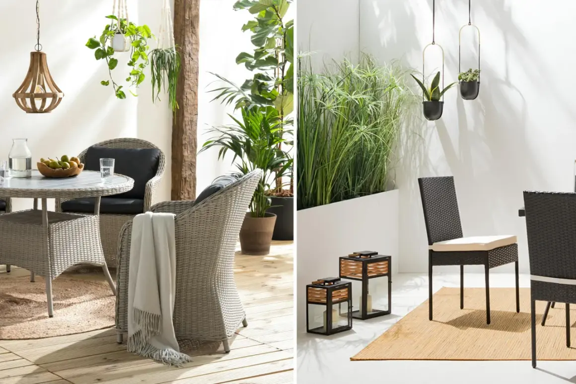 Eine schmale Terrasse gestalten: Gemütliche Sitzmöbel, Hängepflanzen und Laternen schaffen eine einladende Atmosphäre.