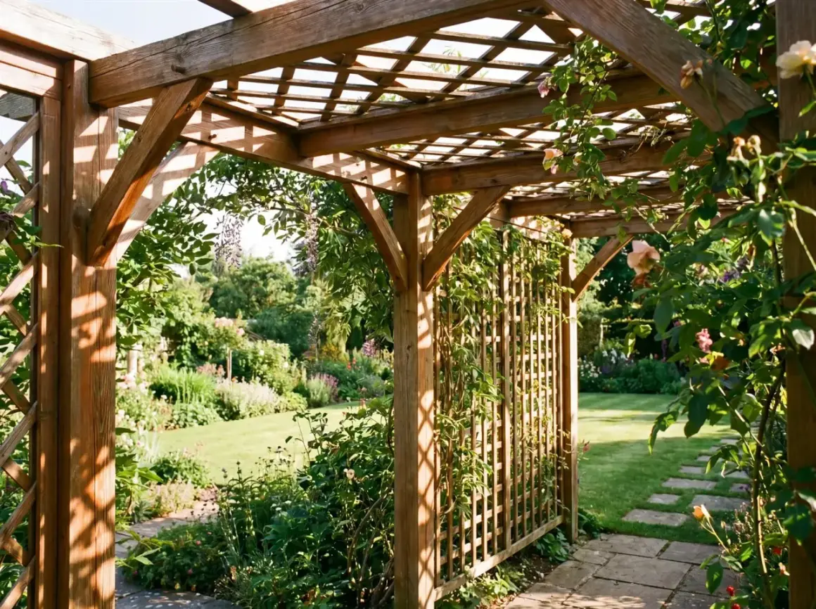 Ein selbstgebauter Holzpavillon mit Kletterrosen und Glyzinien, der einen Blick auf einen blühenden Garten freigibt.