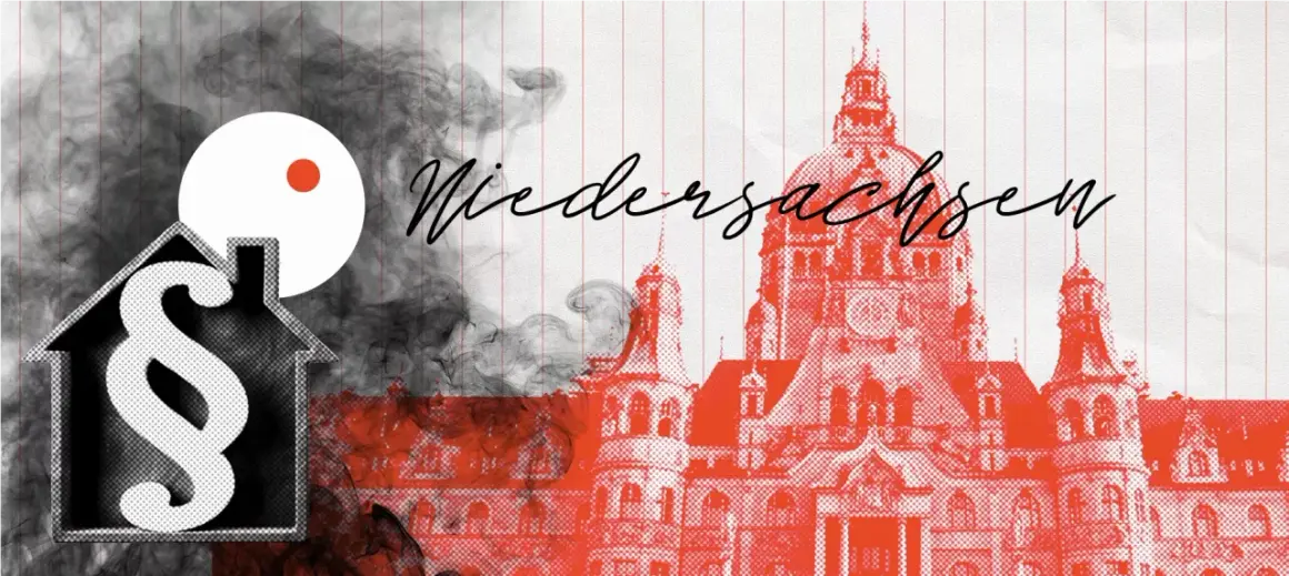 Rauchmelder-Pflicht in Niedersachsen: Ein Haus-Symbol mit Paragrafen und Rauch vor dem Schriftzug "Niedersachsen" und einem Gebäude.