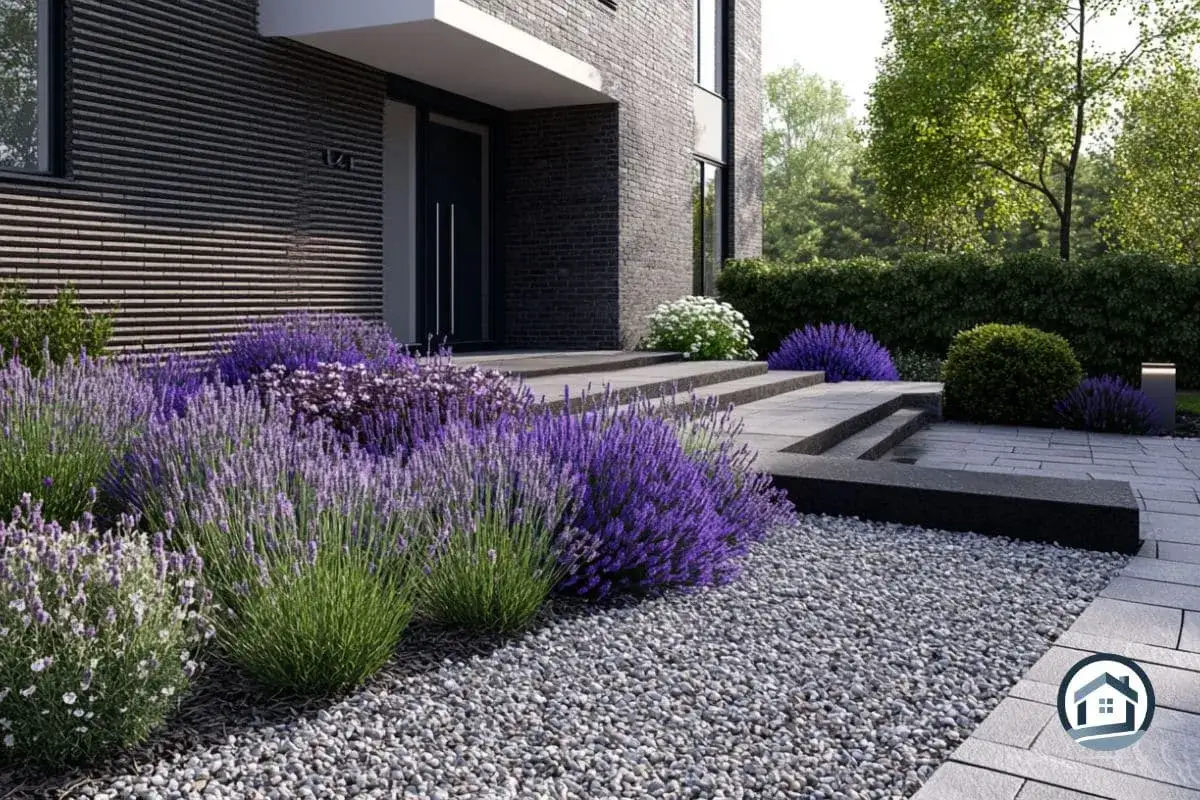Ein moderner Vorgarten gestalten mit &uuml;ppigem Lavendel und Kieswegen. Einladende Stufen f&uuml;hren zur Haust&uuml;r.