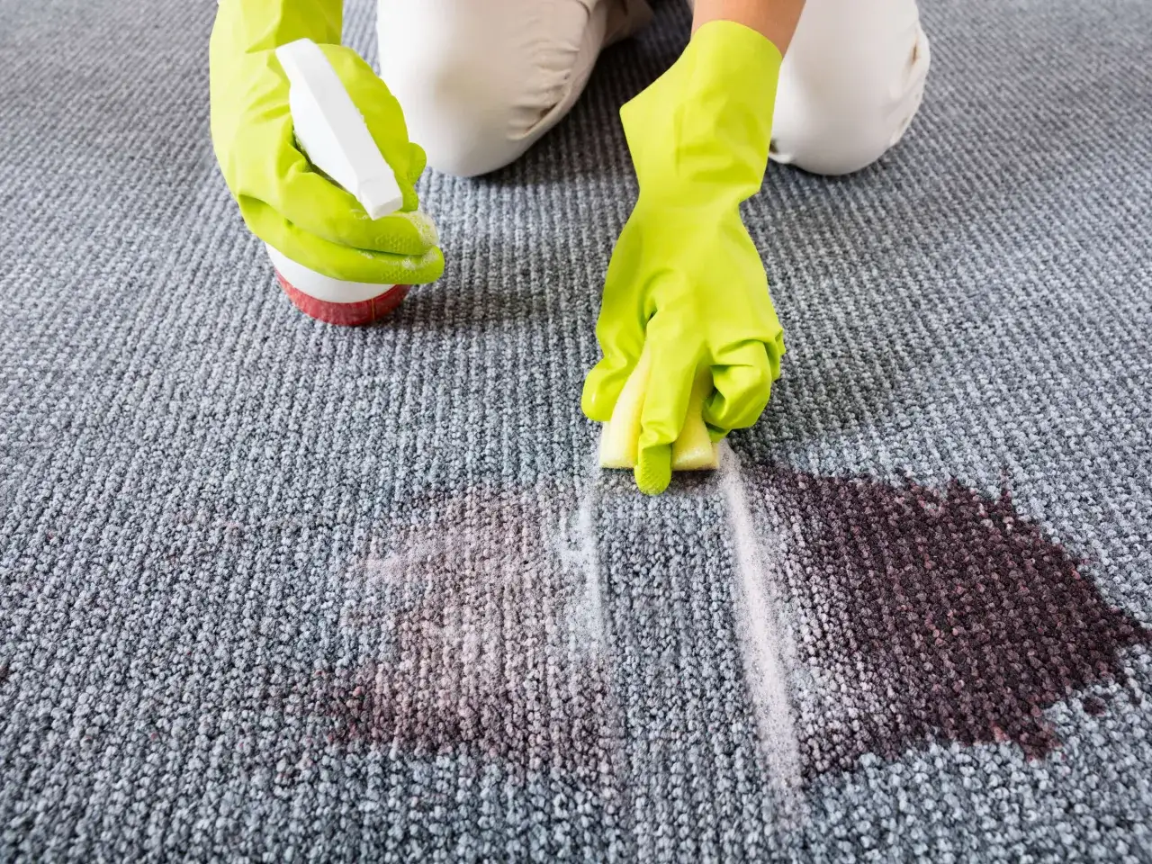 H&auml;nde mit Handschuhen reinigen den Teppich mit einem Schwamm und Spr&uuml;hflasche. Auslegware reinigen mit Hausmitteln ist einfach.