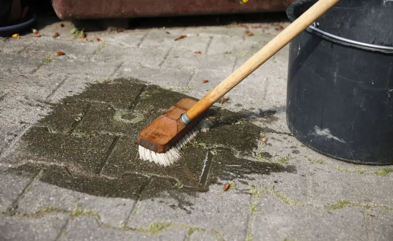 B&uuml;rste und Eimer f&uuml;r die Reinigung von Pflastersteinen mit Hausmitteln.