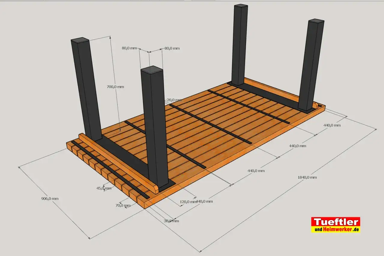 Bauplan f&uuml;r einen stabilen Pflanztisch, den Sie selber bauen k&ouml;nnen. Ma&szlig;e f&uuml;r Holz und Metallteile sind angegeben.