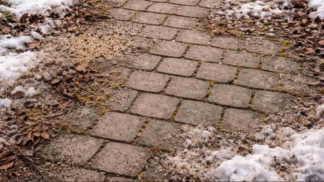 Ein Weg aus Steinen, der nach dem Winter gereinigt werden muss. Schnee, Laub und Sand bedecken die Pflastersteine.