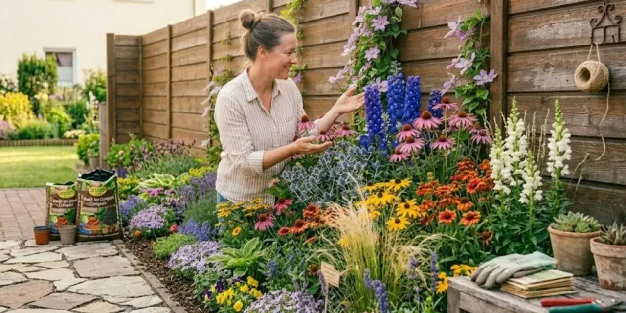 Frau genie&szlig;t die bunte gartengestaltung am zaun entlang mit vielen bl&uuml;henden Stauden und Kletterrosen.