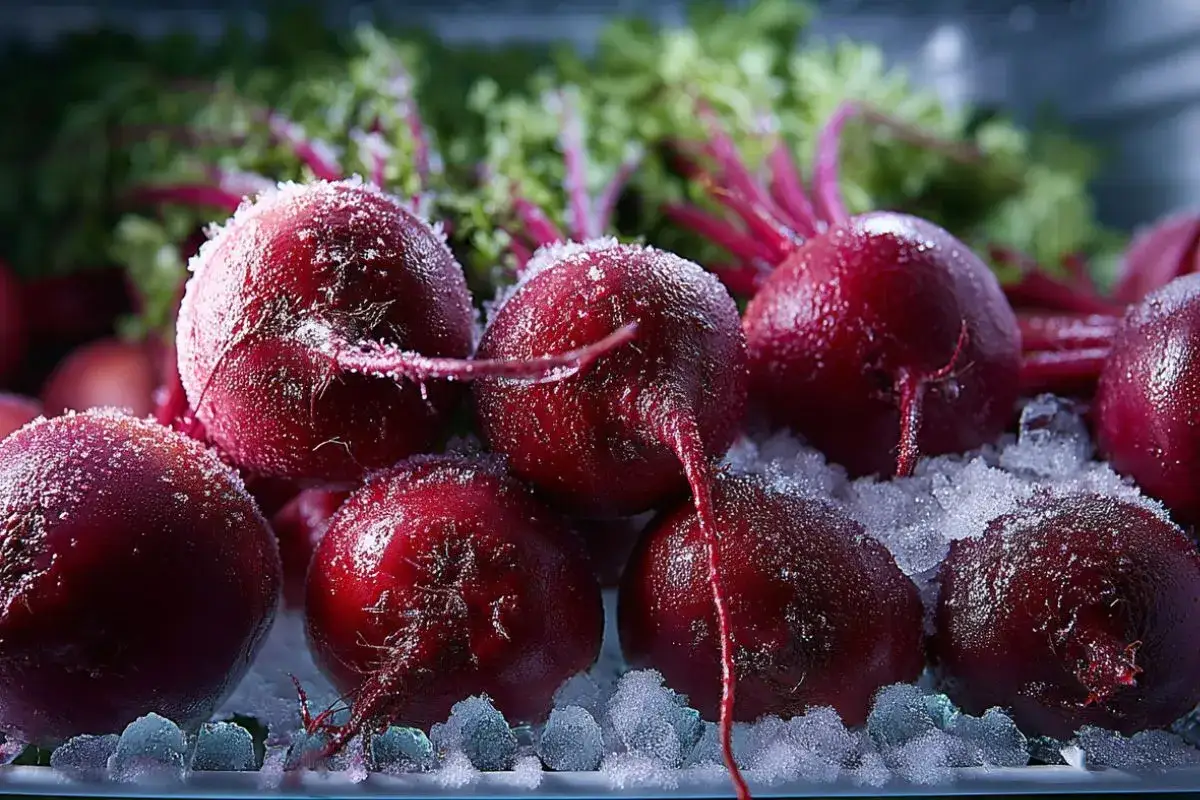 Frische rote Bete mit Reifkristallen, bereit zum Einfrieren.