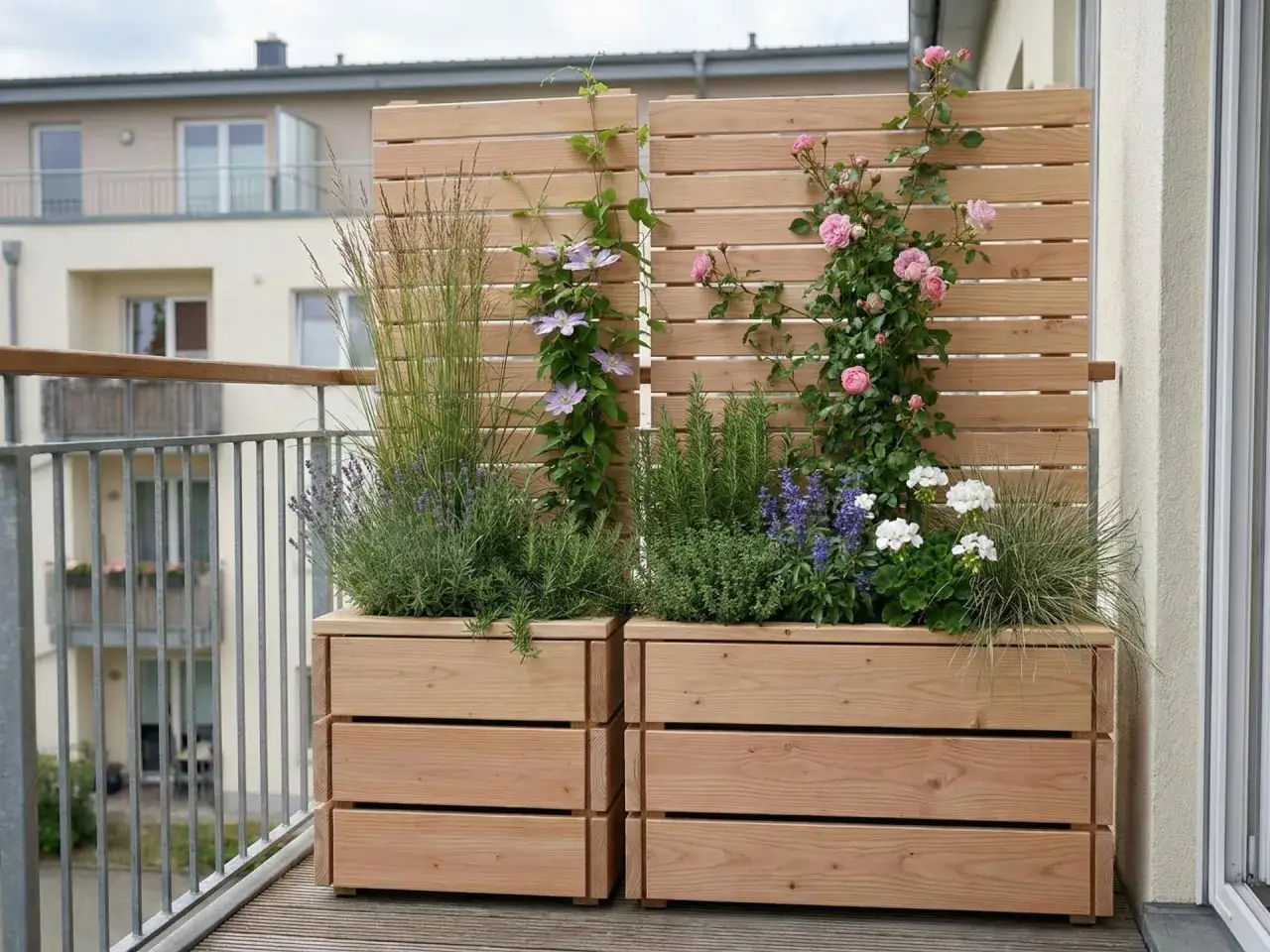 Schmale Terrasse gestalten: Holzkästen mit Lavendel, Rosen und Gräsern schaffen Privatsphäre und Schönheit.