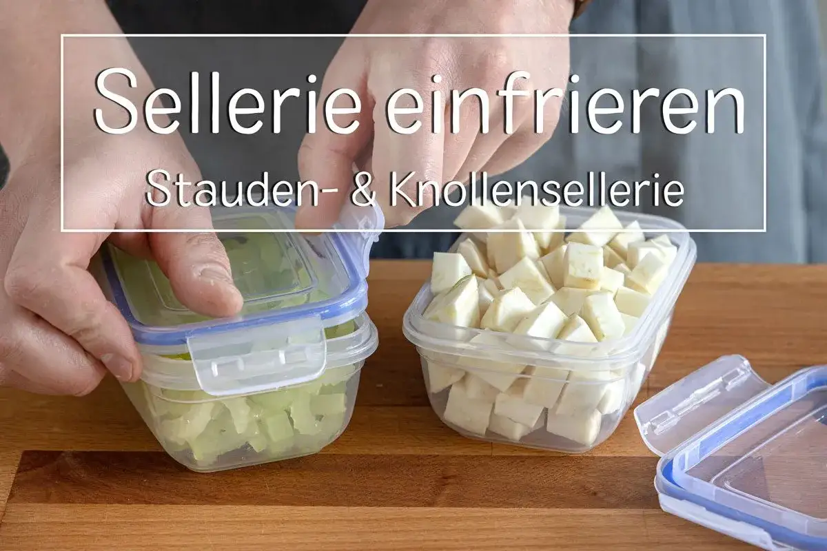 Hände verschließen Behälter mit geschnittener Stauden- und Knollensellerie zum Sellerie einfrieren.