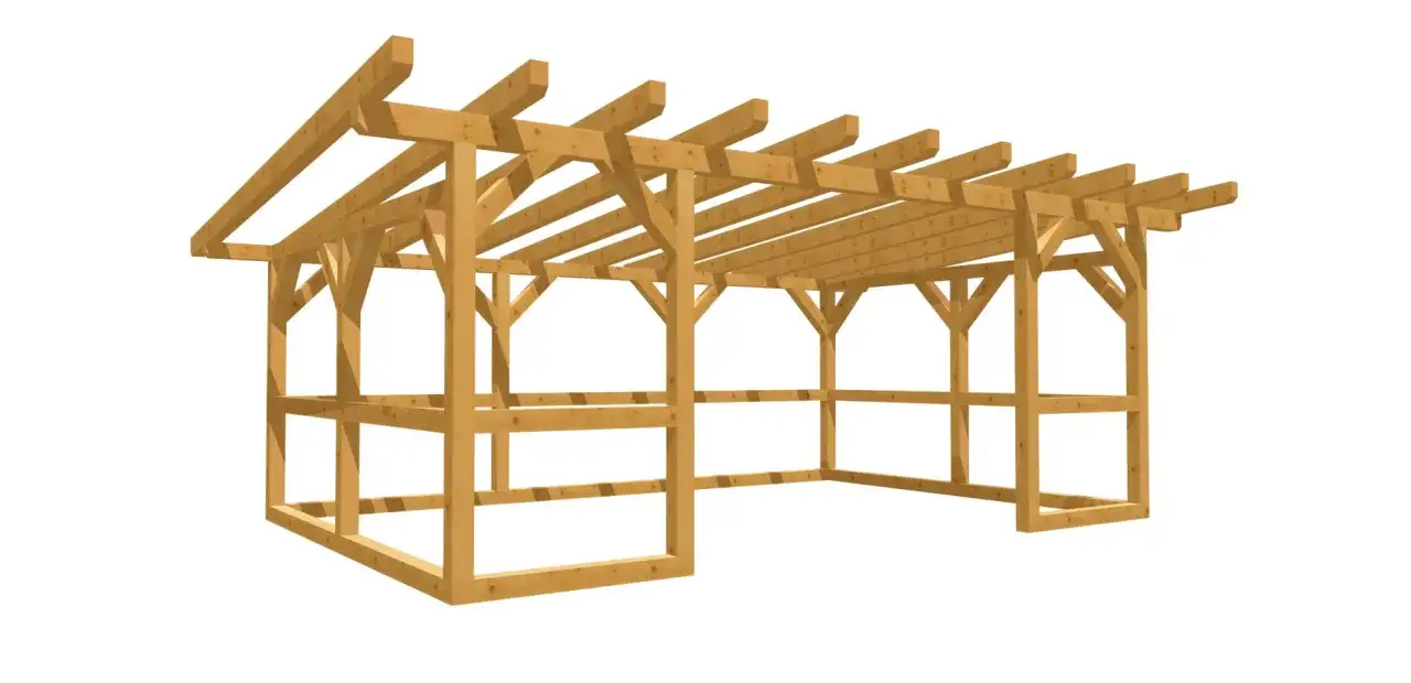 Holzkonstruktion f&uuml;r einen Pavillon selber bauen. Die Grundstruktur mit Dachsparren ist sichtbar.