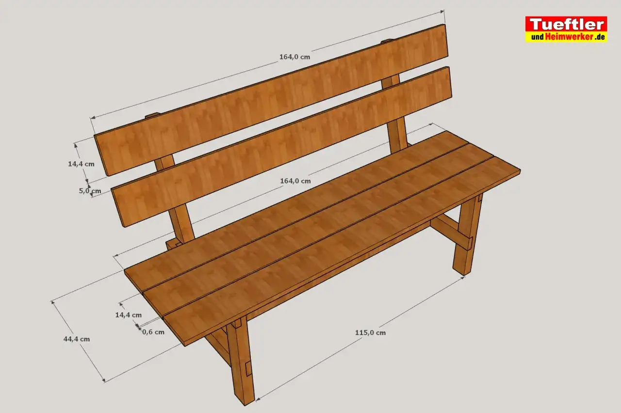 Bauplan f&uuml;r eine Holzbank: Ma&szlig;e f&uuml;r Sitzfl&auml;che und R&uuml;ckenlehne. Ideal, wenn du eine Holzbank selber bauen m&ouml;chtest.