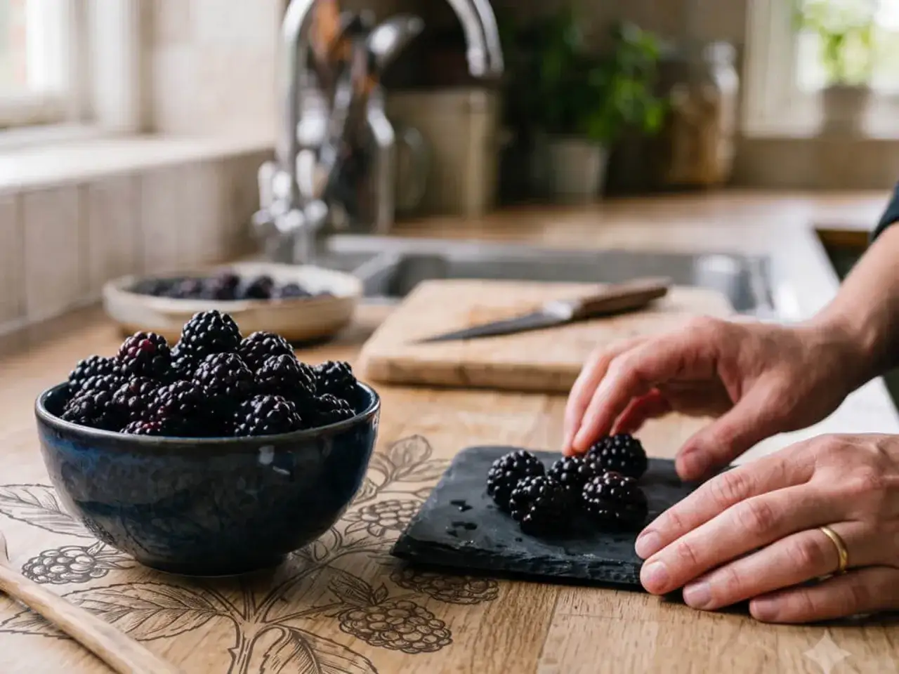 Frische Brombeeren werden für das Einfrieren vorbereitet. Eine Schale voller Beeren steht neben einigen, die auf einem Stein platziert werden.