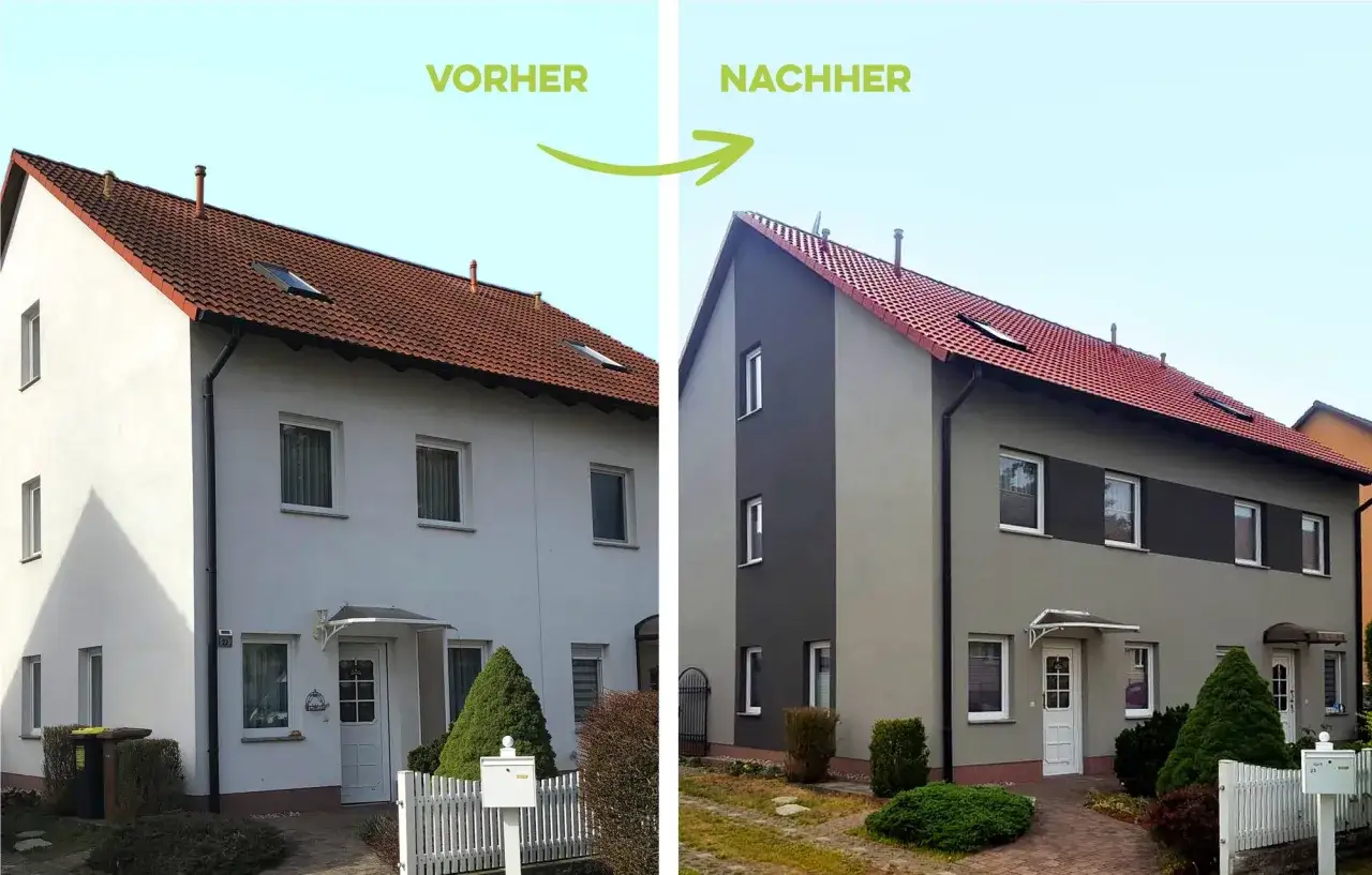 Vorher-Nachher-Vergleich: Hausfassade mit Algenbefall, der mit Hausmitteln entfernt wurde.