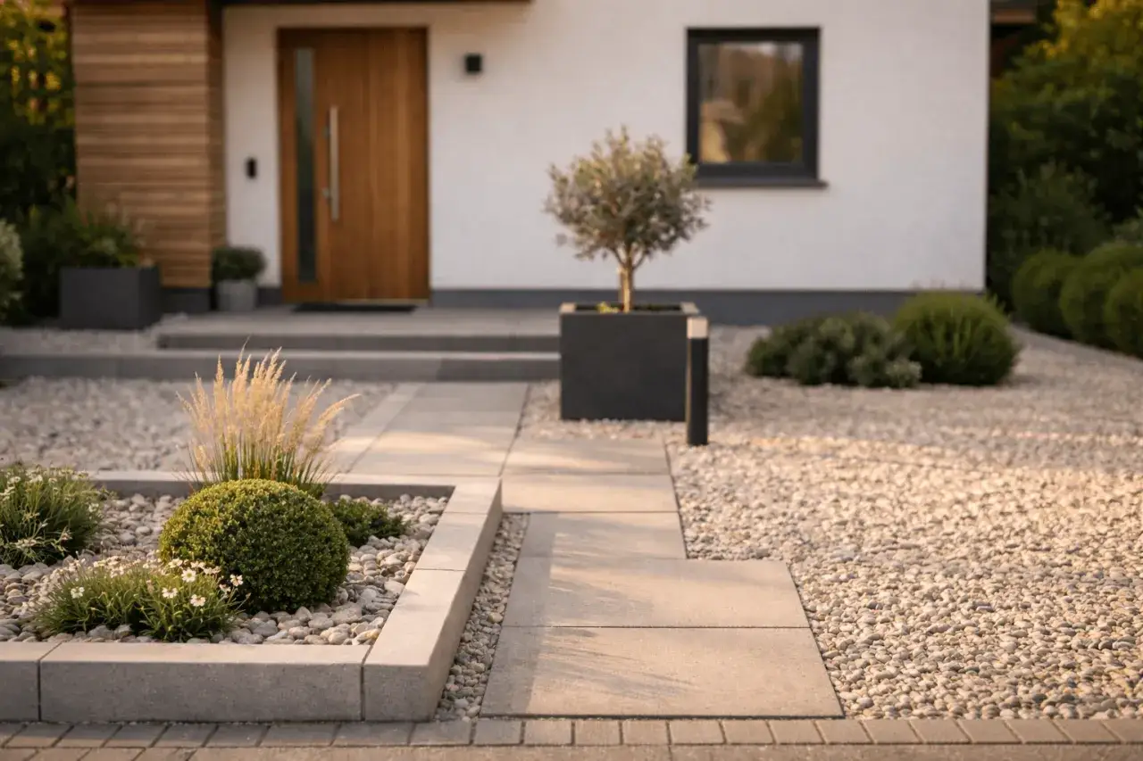 Moderne kleine Vorgarten Ideen mit Kies, Betonplatten und pflegeleichten Pflanzen. Ein schmaler Weg f&uuml;hrt zur Haust&uuml;r.