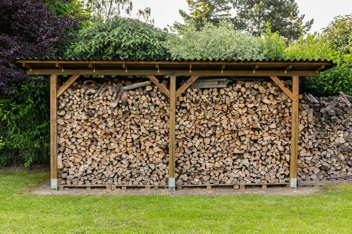 Holzschuppen mit sorgf&auml;ltig gestapeltem brennholz lagern. Dahinter gr&uuml;ne B&uuml;sche und B&auml;ume.