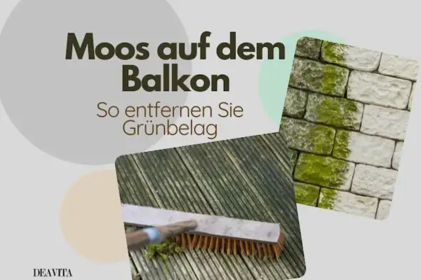 Moos auf dem Balkon entfernen: Ein Mieter schrubbt mit einer Bürste Grünbelag von Holz und Stein.