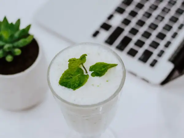 Erfrischender Drink mit Minze, ideal zum Minze einfrieren für später. Daneben eine kleine Pflanze und ein Laptop.
