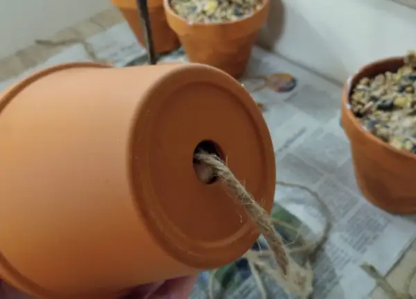 Ein Blumentopf wird zur Vogelfutterstation. Ein Seil wird durch das Loch gezogen, um die Futterstation aufzuhängen.