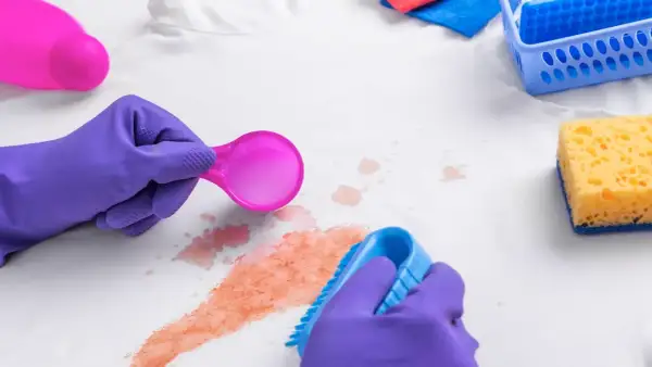 Lila Handschuhe behandeln Kirschsaftflecken auf weißem Stoff mit einer Bürste und einem Reinigungsmittel.
