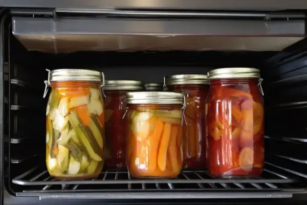 Sechs Gläser mit eingelegtem Gemüse, darunter Gurken und Paprika, stehen auf einem Rost im Backofen. Das ist eine Methode zum **einwecken im Backofen**.